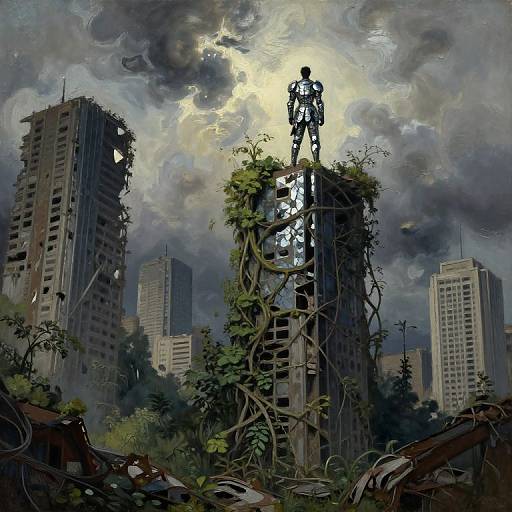 Digital artwork of a silhouetted, armored figure standing on a ruined, vine-covered skyscraper against a stormy, cloudy sky with surrounding dec