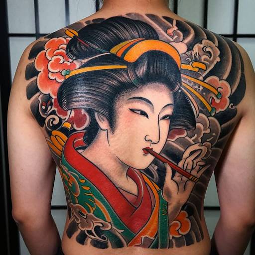 Photograph of a person's back with vibrant, detailed traditional Japanese tattoo of a geisha with black hair, orange headpiece, and red kimono