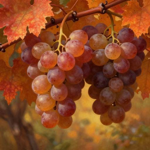 Photograph of two grape clusters with red and purple grapes, hanging from a vine with vibrant orange and red autumn leaves.