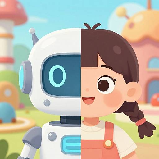 Digital cartoon of a girl with half-human, half-robot face, brown hair in braid, white shirt, pink overalls, in colorful outdoor