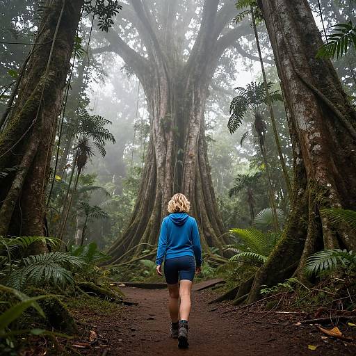 Blonde Woman Hiking in Misty Rainforest