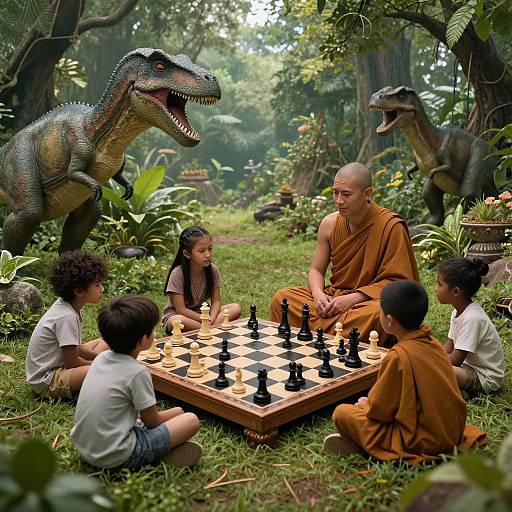 Photograph of a bald monk in orange robes playing chess with five children in a lush, prehistoric forest surrounded by realistic dinosaurs.