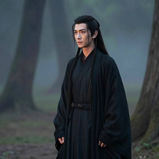 Digital artwork of an Asian man with long black hair, wearing a black traditional robe, standing in a misty forest.