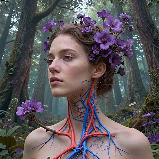Digital artwork of a fair-skinned woman with purple flower crown, exposed neck veins in red and blue, set in a misty forest.