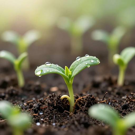 Close-up photograph of young green seedlings with dewdrops on their leaves, emerging from dark, moist soil, with a soft, blurred background.