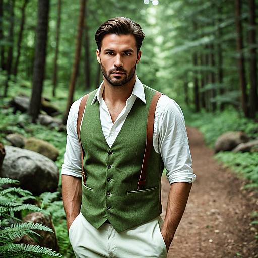 Stylish Man in Green Vest Standing on Forest Path