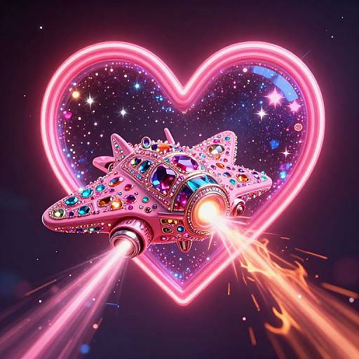 Neon pink heart outline frames a colorful, gem-studded spaceship shooting bright beams and fire against a starry space background. Digital artwork.