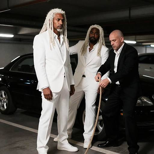 Three Men in a Dimly Lit Garage