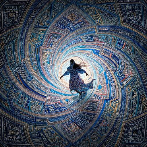 Silhouetted figure dancing in a vibrant, intricate, blue and white mandala pattern with swirling geometric designs and patterns. Digital art.