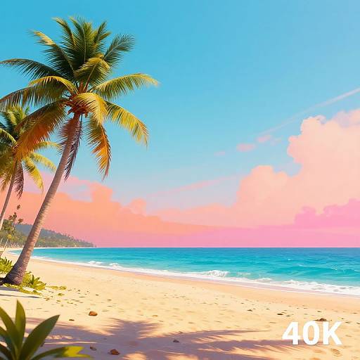 Bright, vibrant photograph of a tropical beach with two leaning palm trees, clear blue ocean, pink-orange clouds, and white sandy shore. Text 