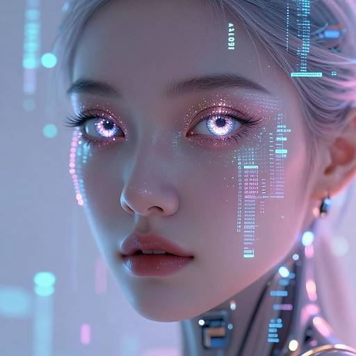 Digital CGI portrait of a young woman with glowing blue and pink cybernetic eyes, light blue hair, and futuristic light patterns on her face and neck