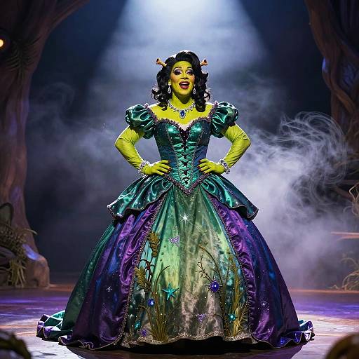 Photograph of a strikingly colorful stage performance featuring a woman in a green and purple, star-embellished, fairy-tale gown, with