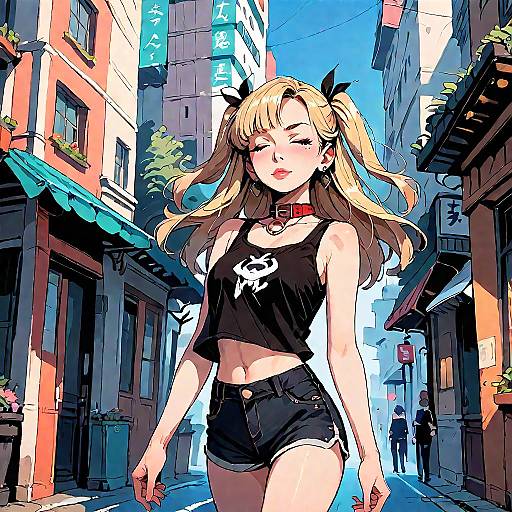 Digital anime-style drawing of a blonde woman with black bow in a narrow, colorful urban alley, wearing a black crop top and shorts, red collar,