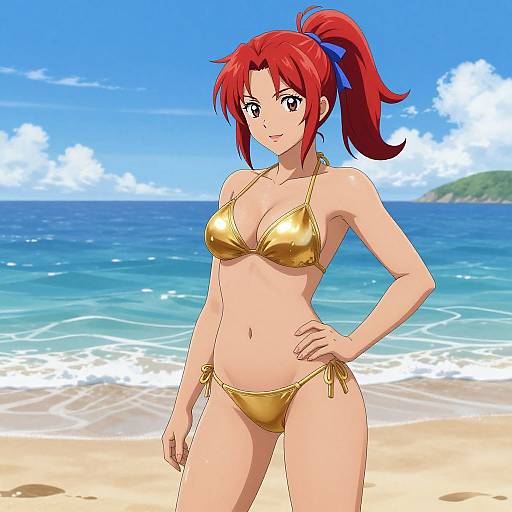 Anime-style digital drawing of a red-haired woman in a shiny gold bikini, standing confidently on a sunny beach with clear blue water and a bright sky in