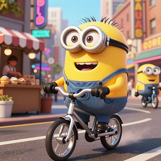 Big Minion on Tiny Bike in City