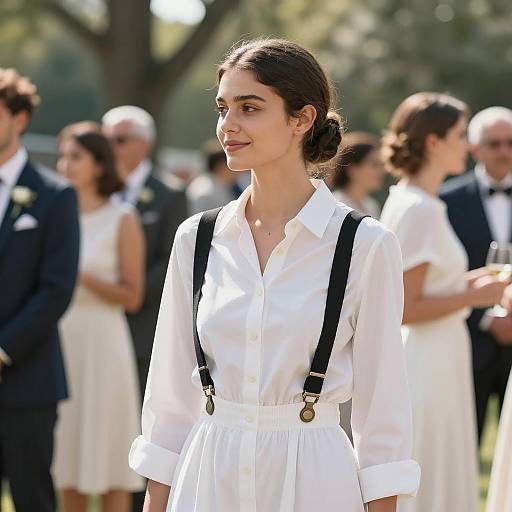 Young Woman in White Dress with Suspenders at Outdoor Wedding