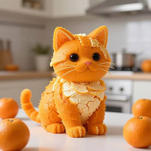 Photograph of a whimsical, orange cat cake made from cracked orange peels, with large black eyes, sitting on a kitchen counter with whole oranges