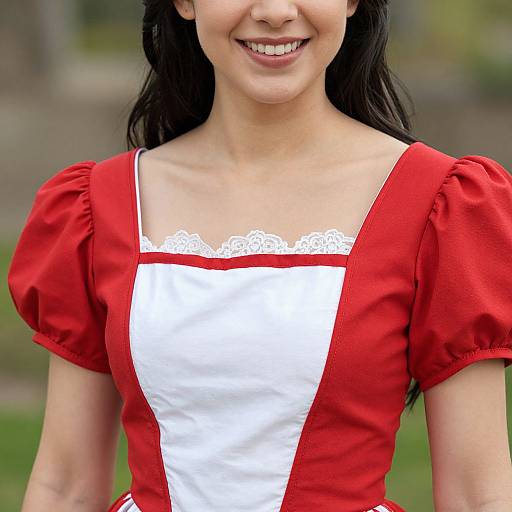 Photograph of a smiling woman with fair skin and black hair, wearing a red puffy-sleeve dress with white lace trim and bodice.