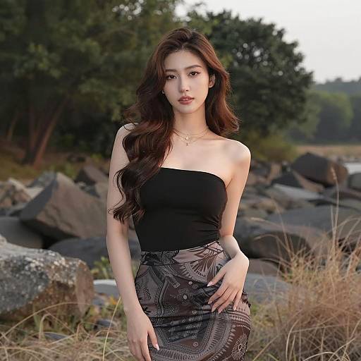 Evening Scene: Asian Woman in Nature