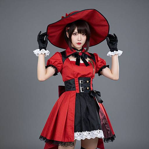 Photograph of an Asian woman in a red and black gothic Lolita dress, black gloves, wide-brimmed red hat, lace trim,