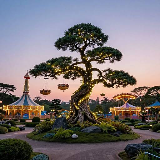 Photograph of a twilight-themed amusement park with a large, twisted tree adorned with yellow lights, surrounded by colorful carnival booths.