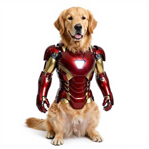 Photograph of a Golden Retriever dog wearing a detailed, red and gold Iron Man suit with a glowing chest emblem, sitting against a white background