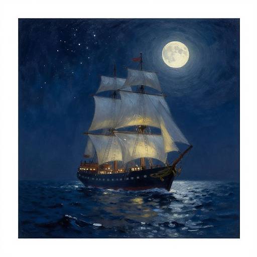 A vibrant painting of a lit, three-masted ship sailing under a full moonlit, starry night sky, with shimmering waves below.
