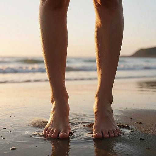 Photograph of sunlit bare feet standing on a wet sandy beach with gentle waves in the background. Warm golden light highlights the legs and toes.