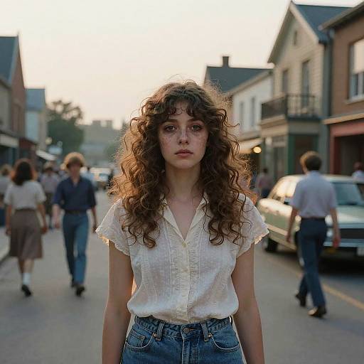 Photograph of a young woman with curly brown hair, wearing a white button-up shirt and high-waisted jeans, standing on a sunlit,