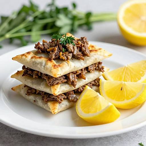 Photograph of stacked flatbread topped with shredded beef and parsley, garnished with lemon wedges on a white plate.