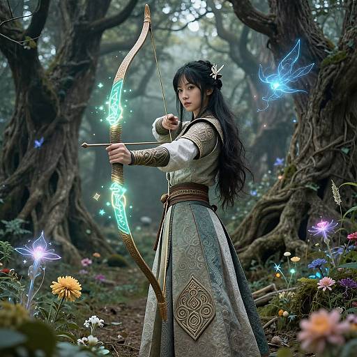 Digital fantasy art: Asian archer woman with long black hair, glowing blue bow, ornate dress, surrounded by glowing butterflies and colorful flowers in a