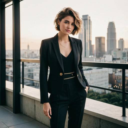Confident woman in black suit on rooftop