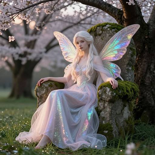 Photograph of a fair-skinned, long-haired fairy with iridescent wings, sitting on a mossy tree stump in a sunlit cherry blossom