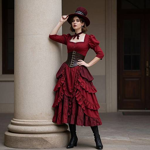 Victorian-era photograph of a woman in a red, ruffled dress, black corset, top hat, and boots, leaning on a stone column
