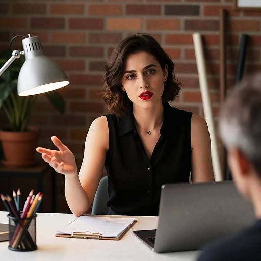 Professional Woman Gesturing at Desk