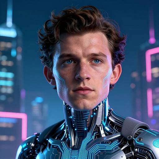 CGI portrait of a young, fair-skinned man with blue eyes, wearing a high-tech, glowing cybernetic suit, against a neon-l