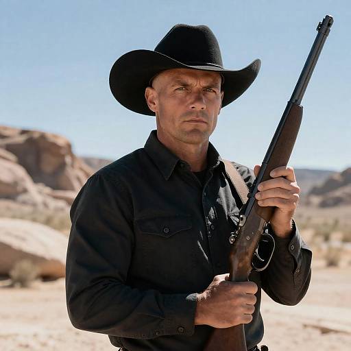 Stern Cowboy Portrait in Desert Landscape