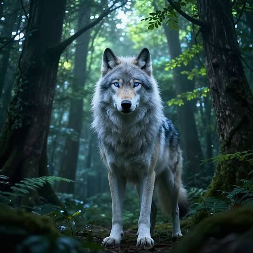 Photorealistic digital art of a majestic gray wolf with piercing blue eyes standing in a dark, misty forest with lush greenery.