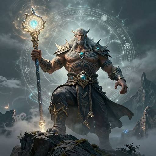 Digital fantasy artwork: muscular, horned, bearded male deity holding glowing staff, adorned with armor and jewels, standing on rocky mountain, mystical circular