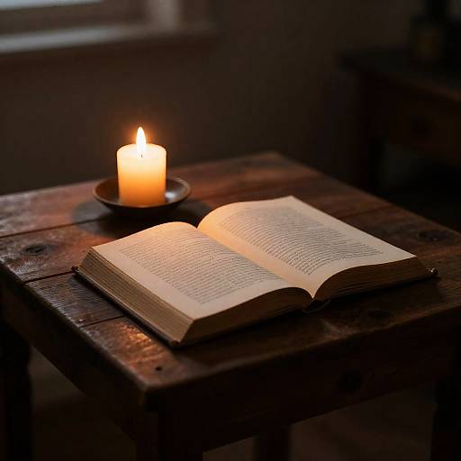 Rustic Candlelit Book on Wooden Table