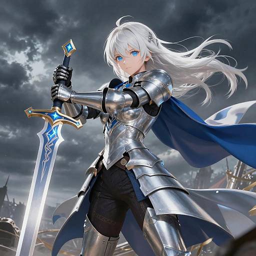 Digital anime-style artwork of a white-haired, blue-eyed female knight in silver armor, holding a glowing blue sword, with a dark, stormy sky