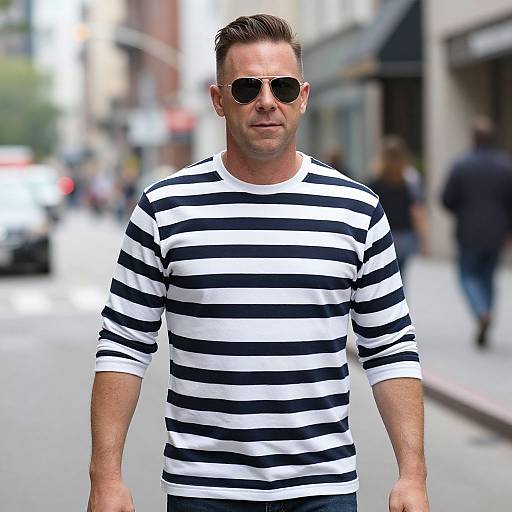 Photograph of a man with short brown hair, wearing black-and-white striped shirt, dark sunglasses, walking on a city street. Blurred background with