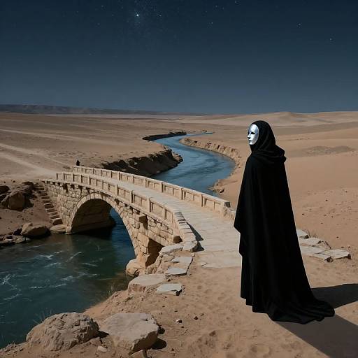 Photograph of a white, mask-covered figure in a black robe standing on a stone bridge over a blue river in a desolate, starry desert