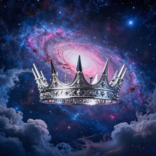 Digital artwork: A glowing, ornate silver crown floats above a cosmic nebula with vibrant pink, purple, and blue hues, surrounded by starry