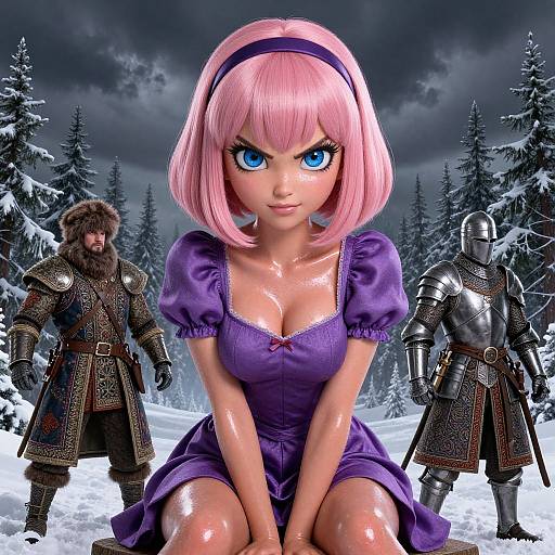 Digital art of a pink-haired anime girl with blue eyes in a purple dress, kneeling in snowy forest, flanked by armored warriors.