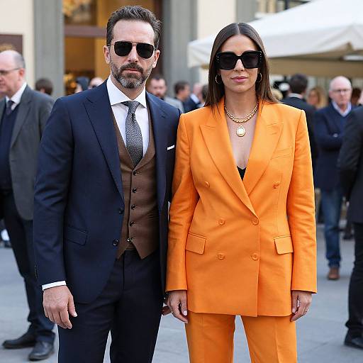 Photograph of a bearded man in a black suit and brown vest, standing beside a woman in an orange blazer and black pants, both wearing