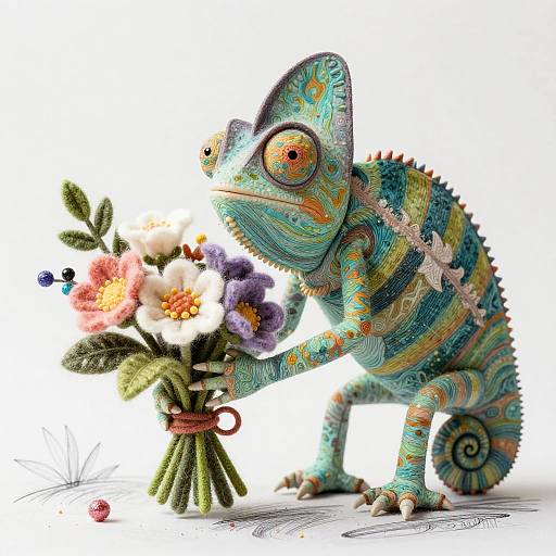 Surreal Cartoon Chameleon with Blooms