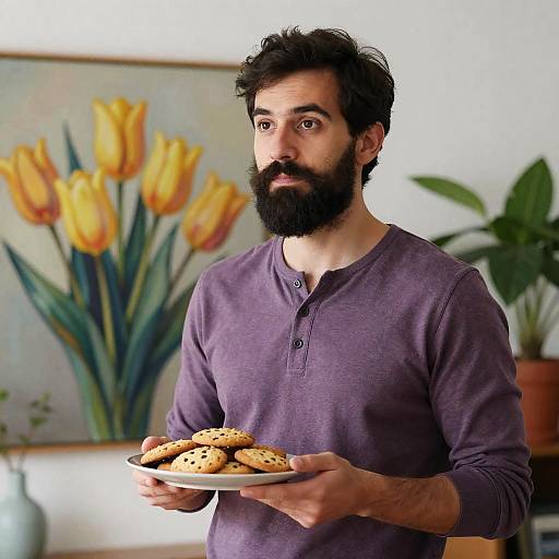 Bearded Man with Cookies in Cozy Room