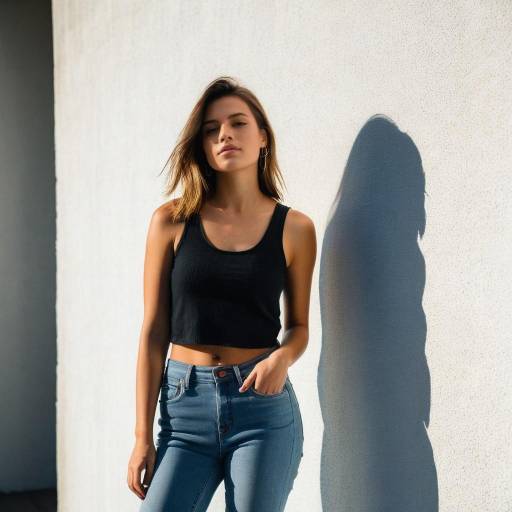 Young woman standing against white wall with shadow