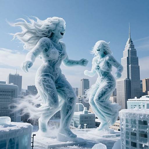 Photorealistic digital artwork of two ethereal, white, muscular figures with flowing hair running through a snowy cityscape, towering over skyscrapers,